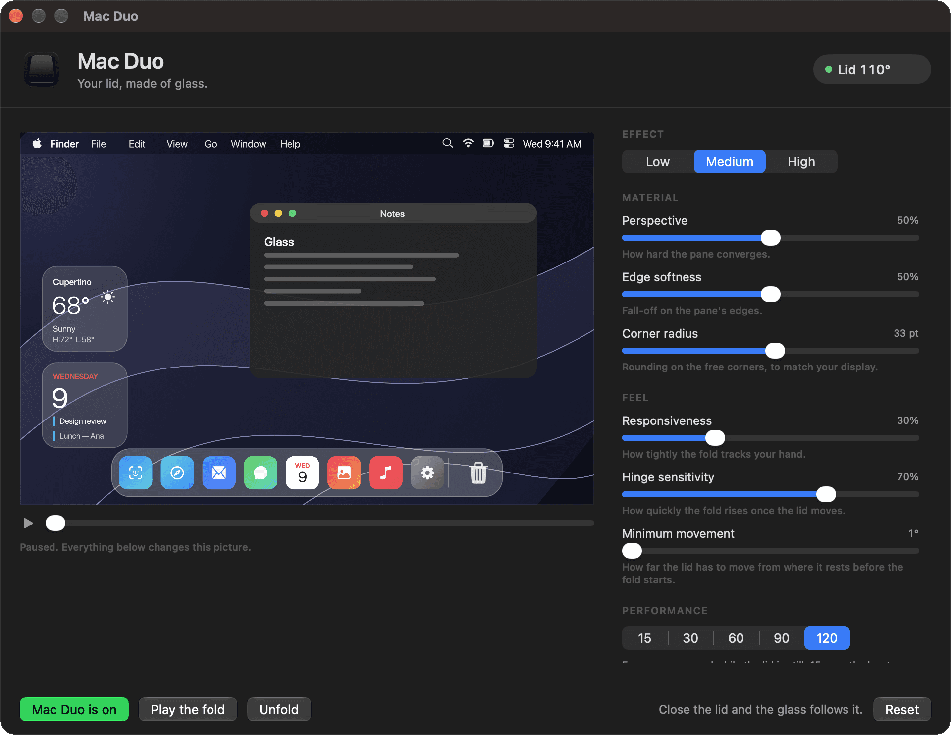 The Mac Duo window: a live preview of the glass beside the effect, material and feel controls.