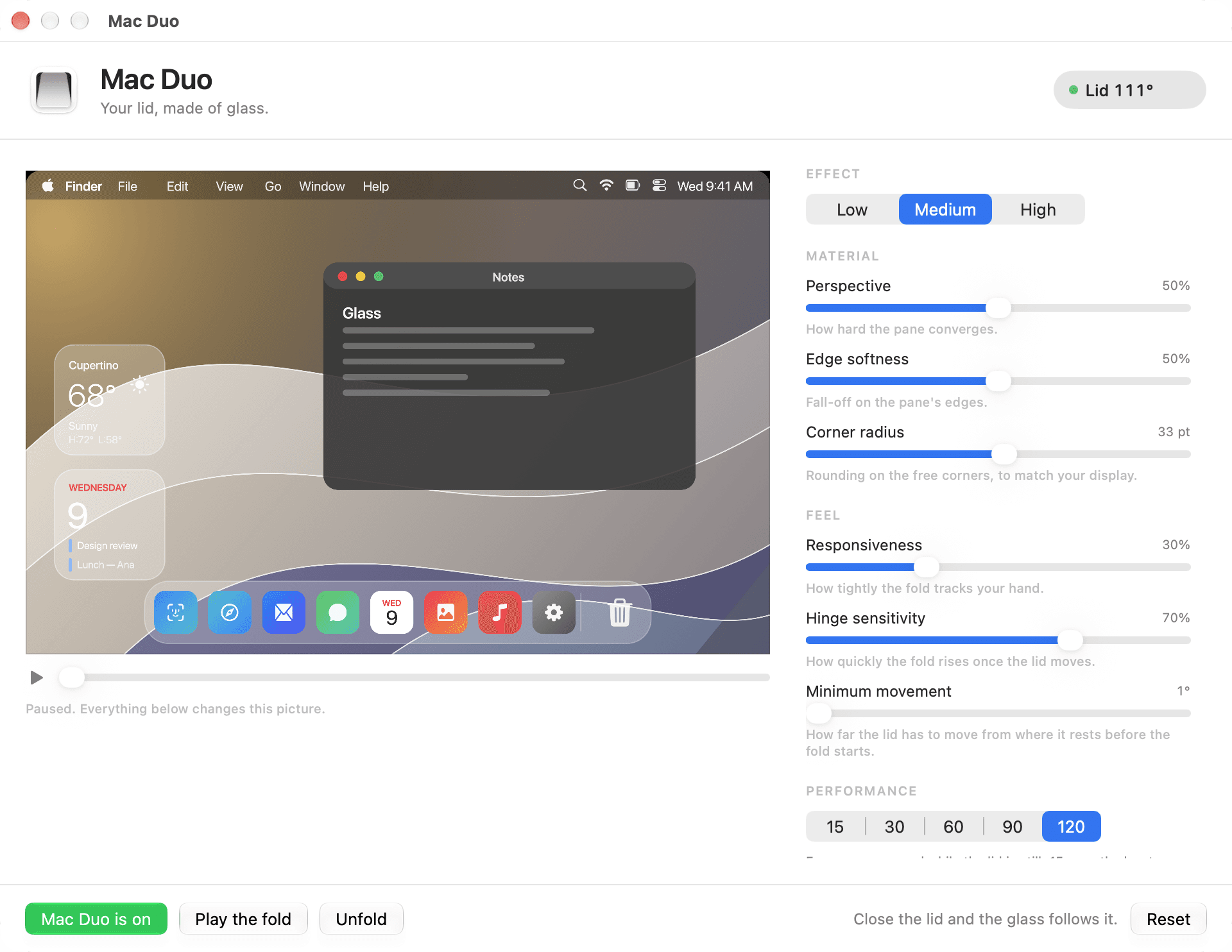 The Mac Duo window: a live preview of the glass beside the effect, material and feel controls.